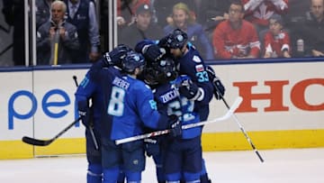 Sep 29, 2016; Toronto, Ontario, Canada; Team Europe defenseman Zdeno Chara (33) celebrates with teammates after scoring a goal against Team Canada during the first period in game two of the World Cup of Hockey final at Air Canada Centre. Mandatory Credit: Kevin Sousa-USA TODAY Sports