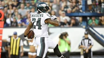 Aug 22, 2015; Philadelphia, PA, USA; Philadelphia Eagles running back Ryan Mathews (24) scores on a 14-yard touchdown run against the Baltimore Ravens during the first quarter at Lincoln Financial Field. Mandatory Credit: Eric Hartline-USA TODAY Sports
