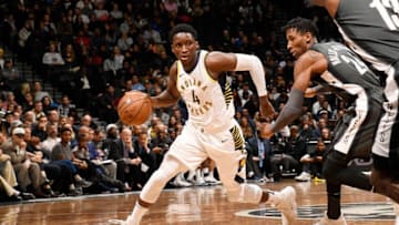 BROOKLYN, NY - DECEMBER 17: Victor Oladipo #4 of the Indiana Pacers handles the ball against the Brooklyn Nets on December 17, 2017 at Barclays Center in Brooklyn, New York. NOTE TO USER: User expressly acknowledges and agrees that, by downloading and or using this Photograph, user is consenting to the terms and conditions of the Getty Images License Agreement. Mandatory Copyright Notice: Copyright 2017 NBAE (Photo by Brian Babineau/NBAE via Getty Images)
