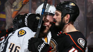 ANAHEIM, CA - MAY 12: Pontus Aberg #46 of the Nashville Predators battles against Jared Boll #40 of the Anaheim Ducks after a whistle in Game One of the Western Conference Final during the 2017 NHL Stanley Cup Playoffs at Honda Center on May 12, 2017 in Anaheim, California. (Photo by Debora Robinson/NHLI via Getty Images)