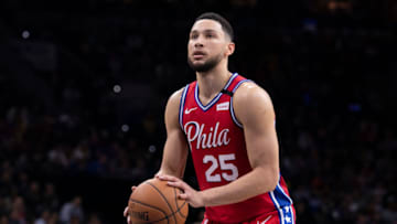 PHILADELPHIA, PA - JANUARY 25: Ben Simmons #25 of the Philadelphia 76ers shoots a foul shot against the Los Angeles Lakers at the Wells Fargo Center on January 25, 2020 in Philadelphia, Pennsylvania. NOTE TO USER: User expressly acknowledges and agrees that, by downloading and/or using this photograph, user is consenting to the terms and conditions of the Getty Images License Agreement. (Photo by Mitchell Leff/Getty Images)