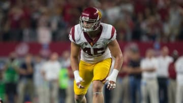 Sep 3, 2016; Arlington, TX, USA; USC Trojans defensive end Porter Gustin (45) in action during the game against the Alabama Crimson Tide at AT&T Stadium. Alabama defeats USC 52-6. Mandatory Credit: Jerome Miron-USA TODAY Sports