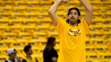 May 18, 2014; Indianapolis, IN, USA; Indiana Pacers forward Luis Scola (4) warms up before game one of the Eastern Conference Finals of the 2014 NBA Playoffs vs the Miami Heat at Bankers Life Fieldhouse. Mandatory Credit: Marc Lebryk-USA TODAY Sports
