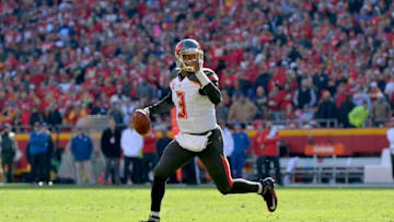 Nov 20, 2016; Kansas City, MO, USA; Tampa Bay Buccaneers quarterback Jameis Winston (3) looks to pass during the first half against the Kansas City Chiefs at Arrowhead Stadium. Mandatory Credit: Denny Medley-USA TODAY Sports