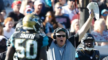 Dec 24, 2016; Jacksonville, FL, USA; Jacksonville Jaguars interim head coach Doug Marrone cheers during the third quarter of an NFL Football game at EverBank Field. Mandatory Credit: Reinhold Matay-USA TODAY Sports
