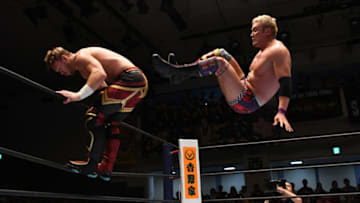 TOKYO, JAPAN - JULY 20: Kazuchika Okada and Will Ospreay compete in the bout during the New Japan Pro-Wrestling G1 Climax 29 at Korakuen Hall on July 20, 2019 in Tokyo, Japan. (Photo by Etsuo Hara/Getty Images)