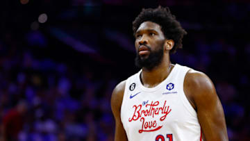 PHILADELPHIA, PA - APRIL 06: Joel Embiid #21 of the Philadelphia 76ers in action against the Miami Heat during a game at Wells Fargo Center on April 6, 2023 in Philadelphia, Pennsylvania. The Heat defeated the 76ers 129-101. NOTE TO USER: User expressly acknowledges and agrees that, by downloading and or using this photograph, User is consenting to the terms and conditions of the Getty Images License Agreement. (Photo by Rich Schultz/Getty Images)