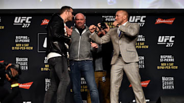 NEW YORK, NY - NOVEMBER 02: (L-R) Opponents Michael Bisping of England and Georges St-Pierre of Canada face off during the UFC 217 Press Conference inside Madison Square Garden on November 2, 2017 in New York City. (Photo by Jeff Bottari/Zuffa LLC/Zuffa LLC via Getty Images)