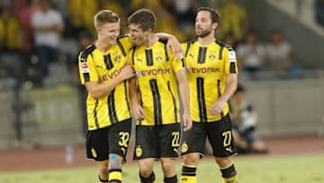 SHENZHEN, CHINA - JULY 28: Christian Pulisic (C) of Borussia Dortmund celebrates with team mate Gonzalo Castro celebrates after he scores the first goal during the 2016 International Champions Cup match between Manchester City and Borussia Dortmund at Shenzhen Universiade Stadium on July 28, 2016 in Shenzhen, China. (Photo by Lintao Zhang/Getty Images)