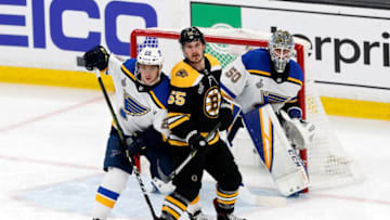 BOSTON, MA - JUNE 12: St. Louis Blues defenseman Vince Dunn (29) covers Boston Bruins right wing Noel Acciari (55) as St. Louis Blues goalie Jordan Binnington (50) peeks around during Game 7 of the Stanley Cup Final between the Boston Bruins and the St. Louis Blues on June 12, 2019, at TD Garden in Boston, Massachusetts. (Photo by Fred Kfoury III/Icon Sportswire via Getty Images)