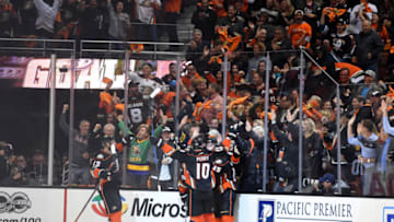 ANAHEIM, CA - MAY 10: The Ducks celebrate after Anaheim Ducks Left Wing Nick Ritchie (37) scored the go-ahead goal in the third period during game 7 of the second round of the 2017 NHL Stanley Cup Playoffs between the Edmonton Oilers and the Anaheim Ducks on May 10, 2017 at Honda Center in Anaheim, CA. The Ducks defeated the Oilers 2-1 to advance to the Western Conference Finals. (Photo by Chris Williams/Icon Sportswire via Getty Images)