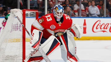 SUNRISE, FL - MARCH 08: Goaltender Samuel Montembeault #33 of the Florida Panthers defends the net against the Minnesota Wild at the BB&T Center on March 8, 2019 in Sunrise, Florida. The Panthers defeated the Wild 6-2. (Photo by Joel Auerbach/Icon Sportswire via Getty Images)