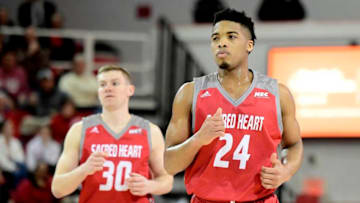NEW YORK, NEW YORK - DECEMBER 22: E.J. Anosike #24 of the Sacred Heart Pioneers reacts against the St. John's Red Storm at Carnesecca Arena on December 22, 2018 in New York City. (Photo by Steven Ryan/Getty Images)