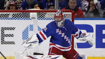 NEW YORK, NEW YORK - JANUARY 19: Igor Shesterkin #31 of the New York Rangers tends net against the Columbus Blue Jackets at Madison Square Garden on January 19, 2020 in New York City. The Blue Jackets defeated the Rangers 2-1. (Photo by Bruce Bennett/Getty Images)