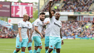 BURNLEY, ENGLAND - MAY 21: Andre Ayew of West Ham United celebrates scoring his sides second goal during the Premier League match between Burnley and West Ham United at Turf Moor on May 21, 2017 in Burnley, England. (Photo by Mark Robinson/Getty Images)