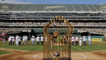 OAKLAND, CA - JULY 19: The 1989 World Series trophy sits on display during a celebration of the championship of 25 years ago against the San Francisco Giants before a game at O.co Coliseum on July 19, 2014 in Oakland, California. (Photo by Brian Bahr/Getty Images)
