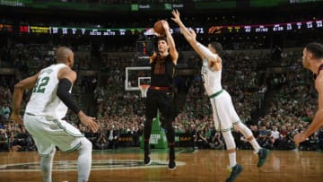BOSTON, MA - MAY 23: Kyle Korver #26 of the Cleveland Cavaliers shoots the ball against the Boston Celtics during Game Five of the Eastern Conference Finals of the 2018 NBA Playoffs on May 23, 2018 at the TD Garden in Boston, Massachusetts. NOTE TO USER: User expressly acknowledges and agrees that, by downloading and or using this photograph, User is consenting to the terms and conditions of the Getty Images License Agreement. Mandatory Copyright Notice: Copyright 2018 NBAE (Photo by Brian Babineau/NBAE via Getty Images)