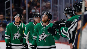 Nov 26, 2022; Denver, Colorado, USA; Dallas Stars center Joe Pavelski (16) watches the video board as he celebrates his goal with the bench in the second period against the Colorado Avalanche at Ball Arena. Mandatory Credit: Isaiah J. Downing-USA TODAY Sports
