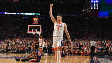 MINNEAPOLIS, MINNESOTA - APRIL 06: Kyle Guy #5 of the Virginia Cavaliers reacts to winning the semifinal game in the NCAA Men's Final Four at U.S. Bank Stadium on April 06, 2019 in Minneapolis, Minnesota. (Photo by Jamie Schwaberow/NCAA Photos via Getty Images)