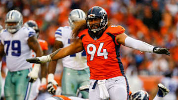 DENVER, CO - SEPTEMBER 17: Nose tackle Domata Peko #94 of the Denver Broncos reacts after making a defensive stop against the Dallas Cowboys in the first half of a game at Sports Authority Field at Mile High on September 17, 2017 in Denver, Colorado. (Photo by Justin Edmonds/Getty Images)