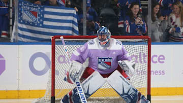 NEW YORK, NY - NOVEMBER 28: Henrik Lundqvist #30 of the New York Rangers sports a special warmup jersey as part of Hockey Fights Cancer Awareness Night at Madison Square Garden before the game against the Florida Panthers on November 28, 2017 in New York City. (Photo by Jared Silber/NHLI via Getty Images)