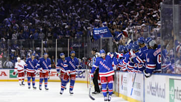 NEW YORK, NEW YORK - MAY 28: The New York Rangers celebrate a first period goal by Tyler Motte #64 against the Carolina Hurricanes in Game Six of the Second Round of the 2022 Stanley Cup Playoffs at Madison Square Garden on May 28, 2022 in New York City. (Photo by Bruce Bennett/Getty Images)