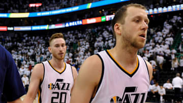 SALT LAKE CITY, UT - APRIL 28: Joe Ingles and Gordon Hayward of the Utah Jazz walk off the court after their 98-93 loss to LA Clippers in Game Six of the Western Conference Quarterfinals during the 2017 NBA Playoffs at Vivint Smart Home Arena on April 28, 2017 in Salt Lake City, Utah. (Photo by Gene Sweeney Jr/Getty Images)