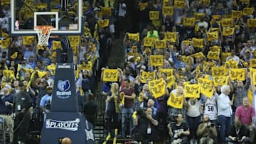 Apr 29, 2015; Memphis, TN, USA; Memphis Grizzlies fans cheer during the fourth quarter against the Portland Trailblazers in game five of the first round of the NBA Playoffs at FedExForum. Memphis defeated Portland 99-93. Mandatory Credit: Nelson Chenault-USA TODAY Sports