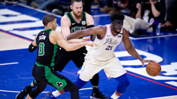 PHILADELPHIA, PA - MAY 07: Philadelphia 76ers Center Joel Embiid (21) shields the ball from a double-team by Boston Celtics Forward Jayson Tatum (0) and Center Aron Baynes (46) in the first half during the Eastern Conference Semifinal Game between the Boston Celtics and Philadelphia 76ers on May 07, 2018 at Wells Fargo Center in Philadelphia, PA. (Photo by Kyle Ross/Icon Sportswire via Getty Images)