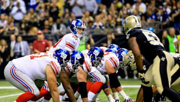 Nov 1, 2015; New Orleans, LA, USA; New York Giants quarterback Eli Manning (10) at the line against the New Orleans Saints during the first half of a game at the Mercedes-Benz Superdome. The Saints defeated the Giants 52-49. Mandatory Credit: Derick E. Hingle-USA TODAY Sports
