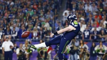 Feb 1, 2015; Glendale, AZ, USA; Seattle Seahawks punter Jon Ryan against the New England Patriots in Super Bowl XLIX at University of Phoenix Stadium. Mandatory Credit: Mark J. Rebilas-USA TODAY Sports