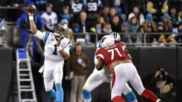 Jan 24, 2016; Charlotte, NC, USA; Carolina Panthers quarterback Cam Newton (1) throws a pass during the fourth quarter against the Arizona Cardinals in the NFC Championship football game at Bank of America Stadium. Mandatory Credit: Bob Donnan-USA TODAY Sports
