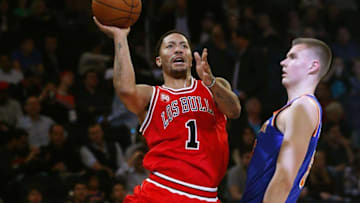 Mar 24, 2016; New York, NY, USA; Chicago Bulls guard Derrick Rose (1) shoots the ball in front of Chicago Bulls guard Derrick Rose (1) during first half at Madison Square Garden. Mandatory Credit: Noah K. Murray-USA TODAY Sports