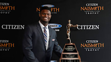 MINNEAPOLIS, MN - APRIL 07: 2019 Citizen Naismith Men's College Player of the Year Zion Williamson of the Duke Blue Devils poses with the 2019 Citizen Naismith Men's College Player of the Year trophy during the 2019 Naismith Awards Brunch at the Nicolette Island Pavilion on April 7, 2019 in Minneapolis, Minnesota. (Photo by Hannah Foslien/Getty Images)