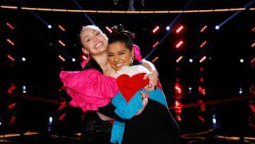 THE VOICE -- "Live Top 10" Episode 1319B -- Pictured: (l-r) Miley Cyrus, Brooke Simpson -- (Photo by: Trae Patton/NBC)