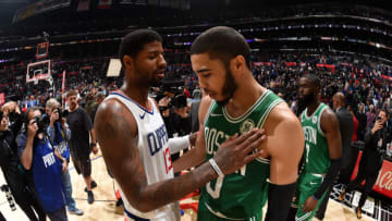 LOS ANGELES, CA - NOVEMBER 20: Paul George #13 of the LA Clippers talks with Jayson Tatum #0 of the Boston Celtics after the game on November 20, 2019 at STAPLES Center in Los Angeles, California. NOTE TO USER: User expressly acknowledges and agrees that, by downloading and/or using this Photograph, user is consenting to the terms and conditions of the Getty Images License Agreement. Mandatory Copyright Notice: Copyright 2019 NBAE (Photo by Andrew D. Bernstein/NBAE via Getty Images)
