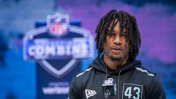 INDIANAPOLIS, IN - FEBRUARY 28: Kamren Curl #DB43 of the Arkansas Razorbacks speaks to the media on day four of the NFL Combine at Lucas Oil Stadium on February 28, 2020 in Indianapolis, Indiana. (Photo by Michael Hickey/Getty Images)