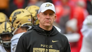 LINCOLN, NE - SEPTEMBER 29: Head coach Jeff Brohm of the Purdue Boilermakers looks on during warmups before the game against the Nebraska Cornhuskers at Memorial Stadium on September 29, 2018 in Lincoln, Nebraska. (Photo by Steven Branscombe/Getty Images)