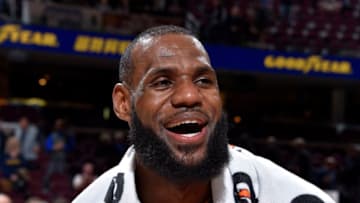 CLEVELAND, OH - FEBRUARY 27: LeBron James #23 of the Cleveland Cavaliers speaks with media after the game against the Brooklyn Nets on February 27, 2018 at Quicken Loans Arena in Cleveland, Ohio. NOTE TO USER: User expressly acknowledges and agrees that, by downloading and/or using this Photograph, user is consenting to the terms and conditions of the Getty Images License Agreement. Mandatory Copyright Notice: Copyright 2018 NBAE (Photo by David Liam Kyle/NBAE via Getty Images)
