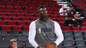 PORTLAND, OR - DECEMBER 23: Zion Williamson #1 of the New Orleans Pelicans warms up before the game against the New Orleans Pelicans on December 23, 2019 at the Moda Center in Portland, Oregon. NOTE TO USER: User expressly acknowledges and agrees that, by downloading and or using this Photograph, user is consenting to the terms and conditions of the Getty Images License Agreement. Mandatory Copyright Notice: Copyright 2019 NBAE (Photo by Sam Forencich/NBAE via Getty Images)