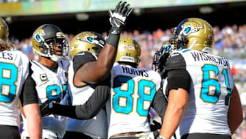 Nov 15, 2015; Baltimore, MD, USA; Jacksonville Jaguars wide receiver Allen Hurns (88) is congratulated by teammates after scoring a touchdown in the first quarter against the Baltimore Ravens at M&T Bank Stadium. Mandatory Credit: Evan Habeeb-USA TODAY Sports