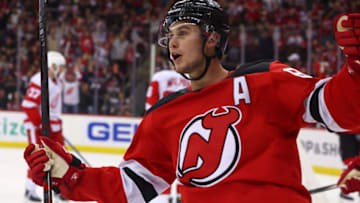 Oct 12, 2023; Newark, New Jersey, USA; New Jersey Devils center Jack Hughes (86) celebrates his goal against the Detroit Red Wings during the second period at Prudential Center. Mandatory Credit: Ed Mulholland-USA TODAY Sports