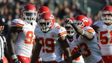 December 15, 2013; Oakland, CA, USA; Kansas City Chiefs strong safety Eric Berry (29) celebrates after an interception against the Oakland Raiders during the second quarter at O.co Coliseum. Mandatory Credit: Kyle Terada-USA TODAY Sports