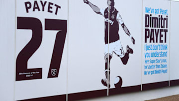 LONDON, ENGLAND - JANUARY 14: The Dimitri Payet of West Ham United sign is seen outside the stadium prior to the Premier League match between West Ham United and Crystal Palace at London Stadium on January 14, 2017 in London, England. (Photo by Bryn Lennon/Getty Images)