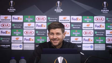Rangers FC's head coach Steven Gerrard gives a press conference on the eve of their match against Belgian club Standard de Liege on the first day of the group phase (group D) of the UEFA Europa League football competition, in Liege on October 21, 2020. (Photo by VIRGINIE LEFOUR / Belga / AFP) / Belgium OUT (Photo by VIRGINIE LEFOUR/Belga/AFP via Getty Images)