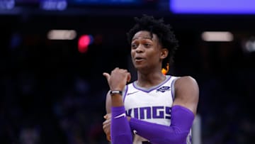 SACRAMENTO, CA - JANUARY 12: De'Aaron Fox #5 of the Sacramento Kings looks on during the game against the Charlotte Hornets at Golden 1 Center on January 12, 2019 in Sacramento, California. NOTE TO USER: User expressly acknowledges and agrees that, by downloading and or using this photograph, User is consenting to the terms and conditions of the Getty Images License Agreement. (Photo by Lachlan Cunningham/Getty Images)