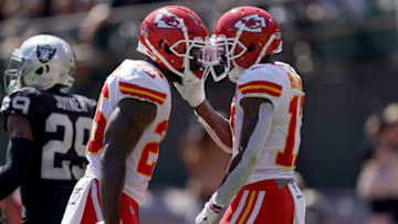 OAKLAND, CA - SEPTEMBER 15: Mecole Hardman #17 and Damien Williams #26 of the Kansas City Chiefs celebrates after Hardman caught a touchdown pass against the Oakland Raiders during the second quarter of an NFL football game at RingCentral Coliseum on September 15, 2019 in Oakland, California. (Photo by Thearon W. Henderson/Getty Images)