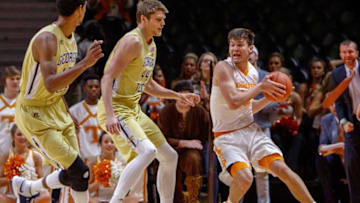 Dec 3, 2016; Knoxville, TN, USA; Tennessee Volunteers forward John Fulkerson (10) controls the ball against the Georgia Tech Yellow Jackets during the first half at Thompson-Boling Arena. Mandatory Credit: Randy Sartin-USA TODAY Sports