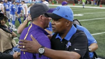 Oct 25, 2015; Detroit, MI, USA; Detroit Lions head coach Jim Caldwell shakes hands with Minnesota Vikings head coach Mike Zimmer after the game at Ford Field. Vikings win 28-19. Mandatory Credit: Raj Mehta-USA TODAY Sports