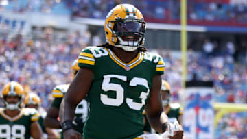 ORCHARD PARK, NEW YORK - AUGUST 28: Jonathan Garvin #53 of the Green Bay Packers runs on the field prior to a game against the Buffalo Bills at Highmark Stadium on August 28, 2021 in Orchard Park, New York. (Photo by Bryan Bennett/Getty Images)